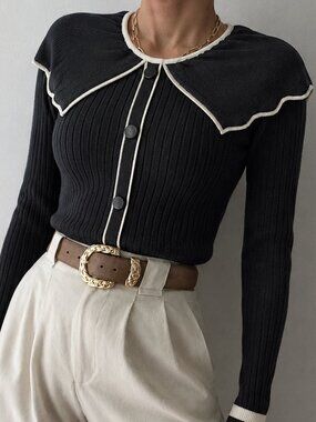 Lili Sidonio Black White Ribbed Top Oversized Collar Size Small